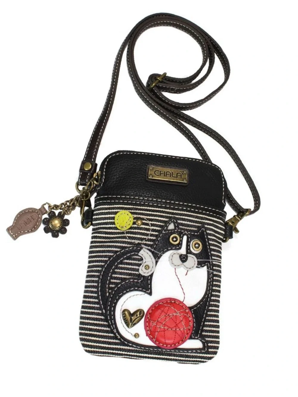 Chala Black Striped Crossbody with Cat Appliqué and Red Ball NWT
